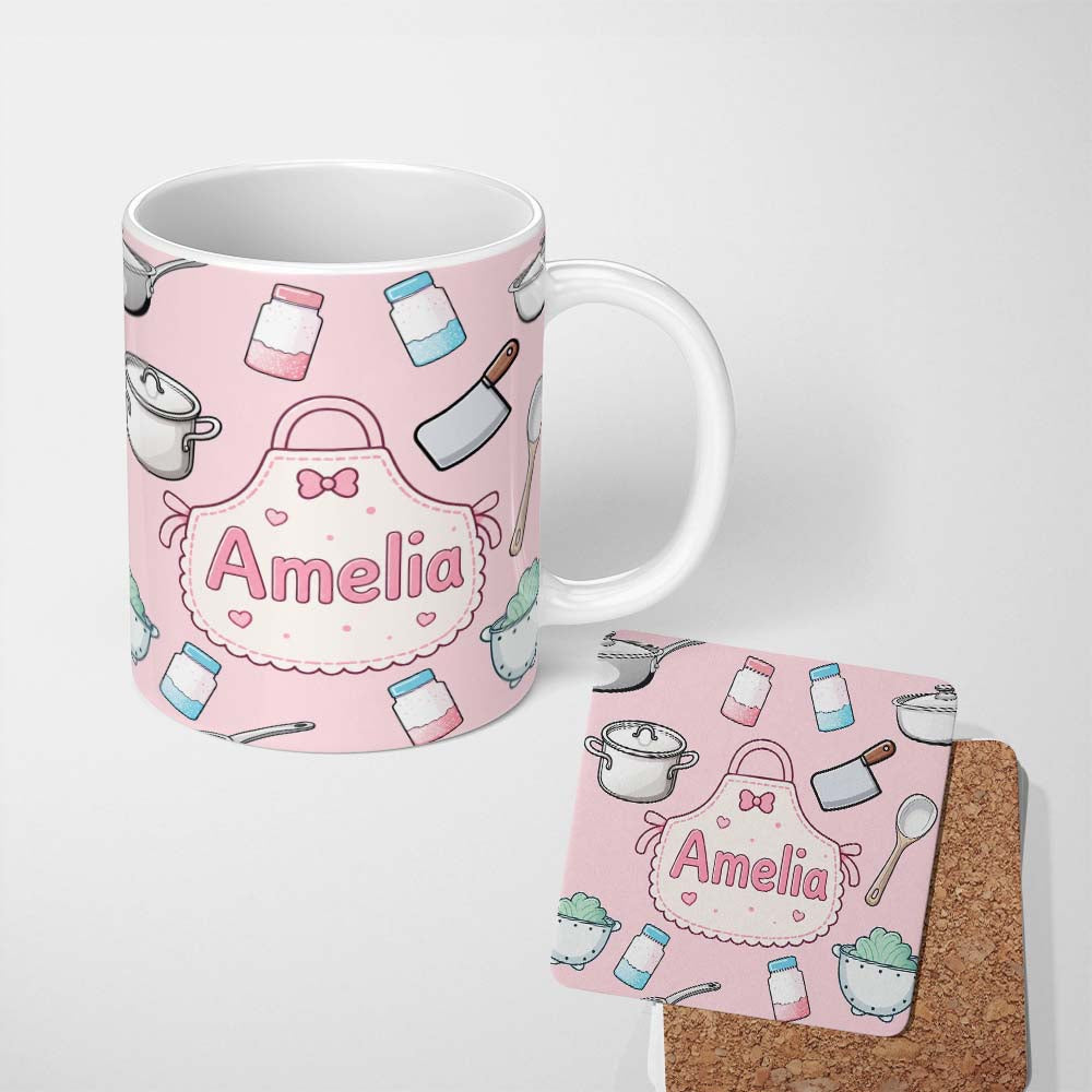 Personalized Custom Name Kawaii Kitchen Utensils Apron and Cooking Tools on Soft Pink 11oz Ceramic Coffee Tea Mug White Large Handle