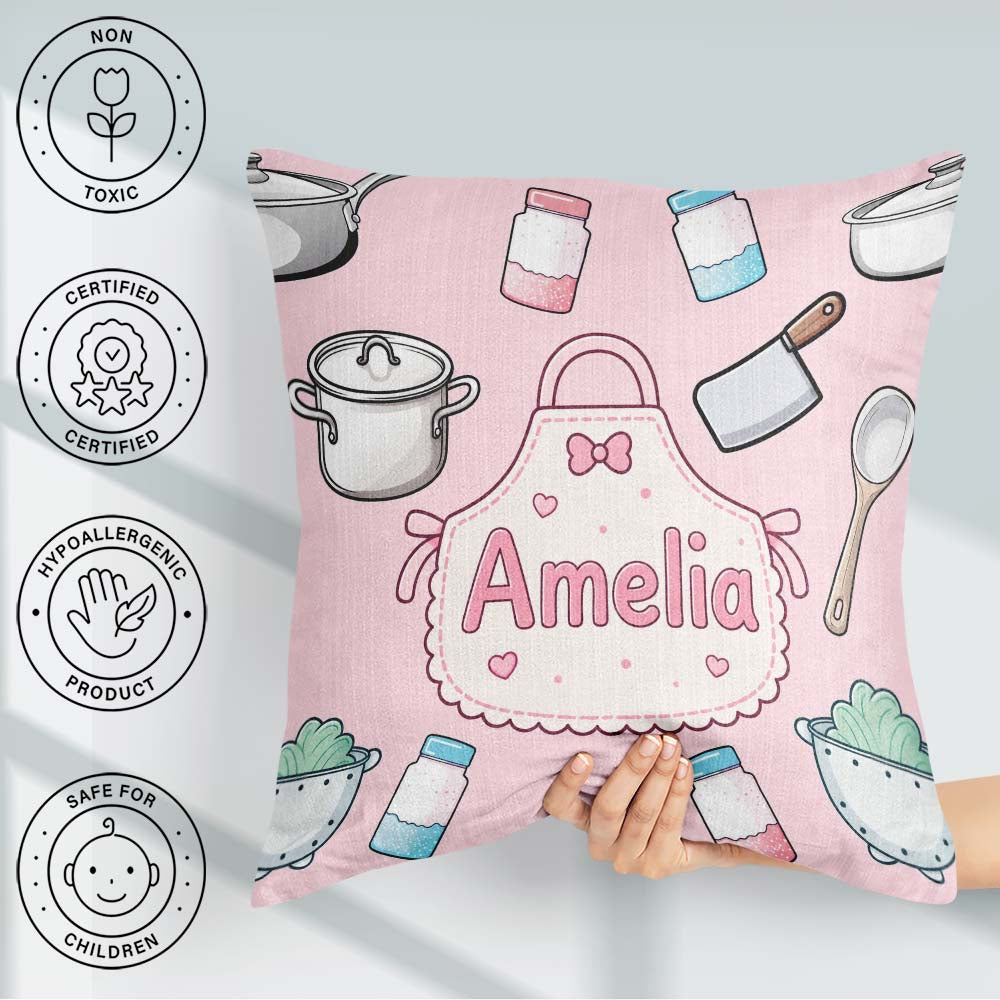 Custom Name Kawaii Utensils Apron and Cooking Tools on Soft Pink Square Filled Cushion Throw Pillow Sofa Bed Home Decor Zip Washable UK Made