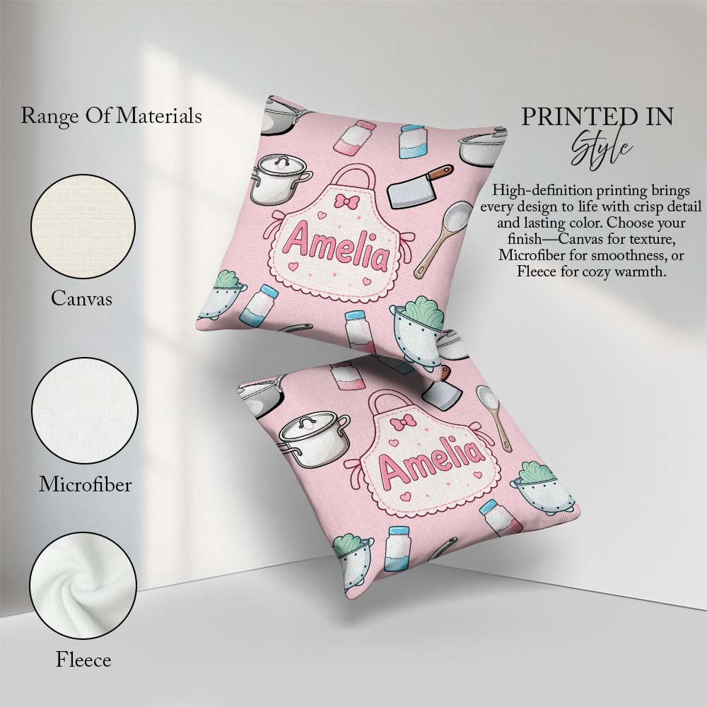 Custom Name Kawaii Utensils Apron and Cooking Tools on Soft Pink Square Filled Cushion Throw Pillow Sofa Bed Home Decor Zip Washable UK Made