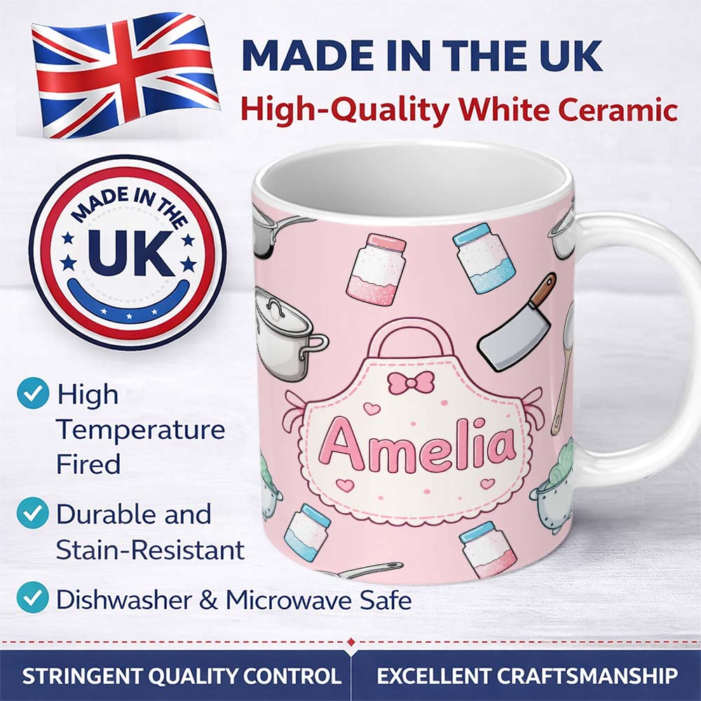 Personalized Custom Name Kawaii Kitchen Utensils Apron and Cooking Tools on Soft Pink 11oz Ceramic Coffee Tea Mug White Large Handle