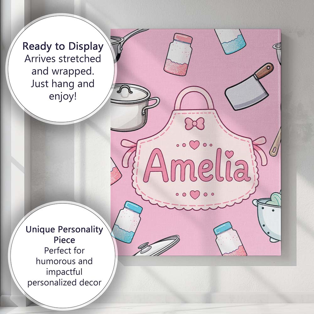 Personalised Name Kawaii Utensils Apron and Custom Bespoke Interior Contemporary Canvas Wall Art Print Decor Picture Ready to Hang