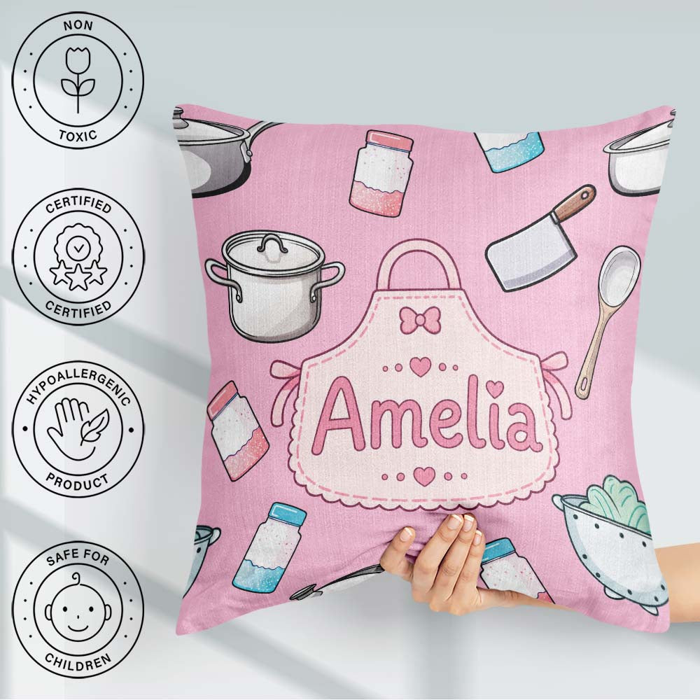 Custom Name Kawaii Utensils Apron and Cooking Tools Blush Pink Square Filled Cushion Throw Pillow Sofa Bed Home Decor Zip Washable UK Made