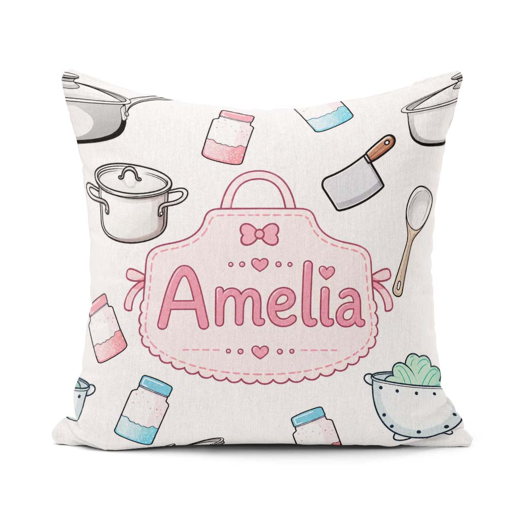 Custom Name Kawaii Utensils Apron and Cooking Tools Light Grey Square Filled Cushion Throw Pillow Sofa Bed Home Decor Zip Washable UK Made