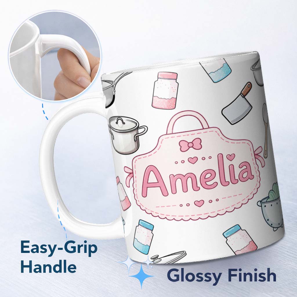 Personalized Custom Name Kawaii Kitchen Utensils Apron and Cooking Tools on Light Grey 11oz Ceramic Coffee Tea Mug White Large Handle