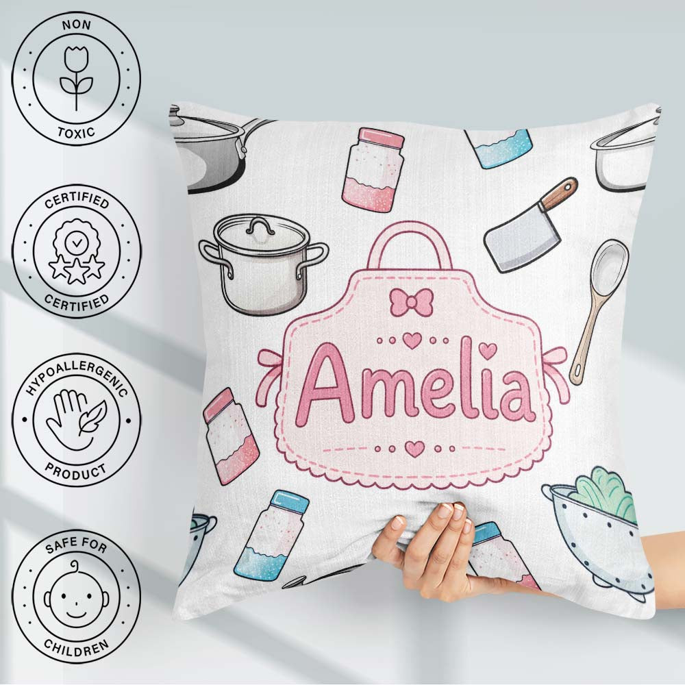 Custom Name Kawaii Utensils Apron and Cooking Tools Light Grey Square Filled Cushion Throw Pillow Sofa Bed Home Decor Zip Washable UK Made
