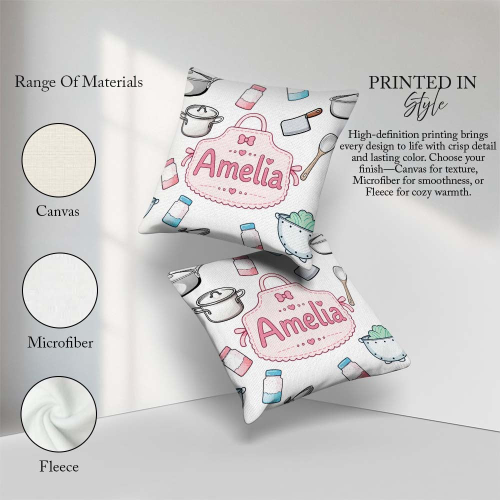 Custom Name Kawaii Utensils Apron and Cooking Tools Light Grey Square Filled Cushion Throw Pillow Sofa Bed Home Decor Zip Washable UK Made