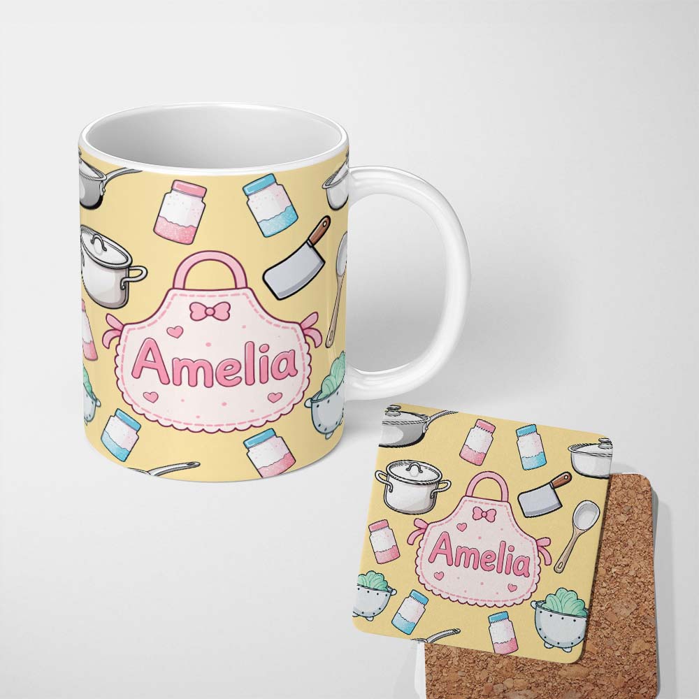 Personalized Custom Name Kawaii Kitchen Utensils Apron and Cooking Tools on Yellow Seamless 11oz Ceramic Coffee Tea Mug White Large Handle
