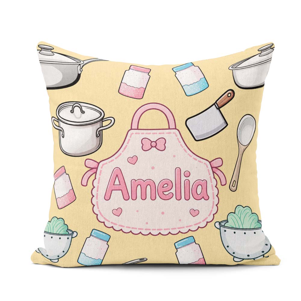 Custom Name Kawaii Utensils Apron and Cooking on Yellow Seamless Square Filled Cushion Throw Pillow Sofa Bed Home Decor Zip Washable UK Made