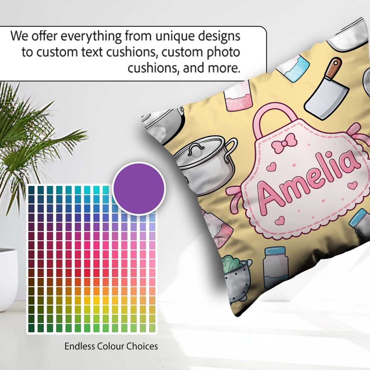 Custom Name Kawaii Utensils Apron and Cooking on Yellow Seamless Square Filled Cushion Throw Pillow Sofa Bed Home Decor Zip Washable UK Made