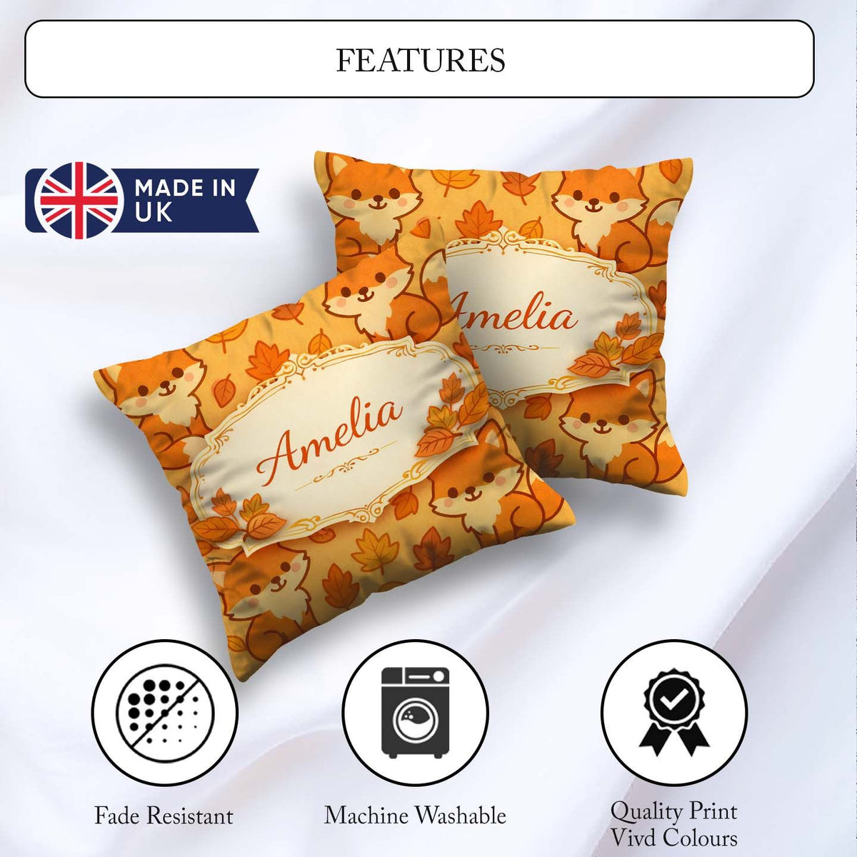 Custom Name Cute Autumn Fox Cartoon Animal Pattern Everyday Square Filled Cushion Throw Pillow Sofa Bed Home Decor Zip Washable UK Made