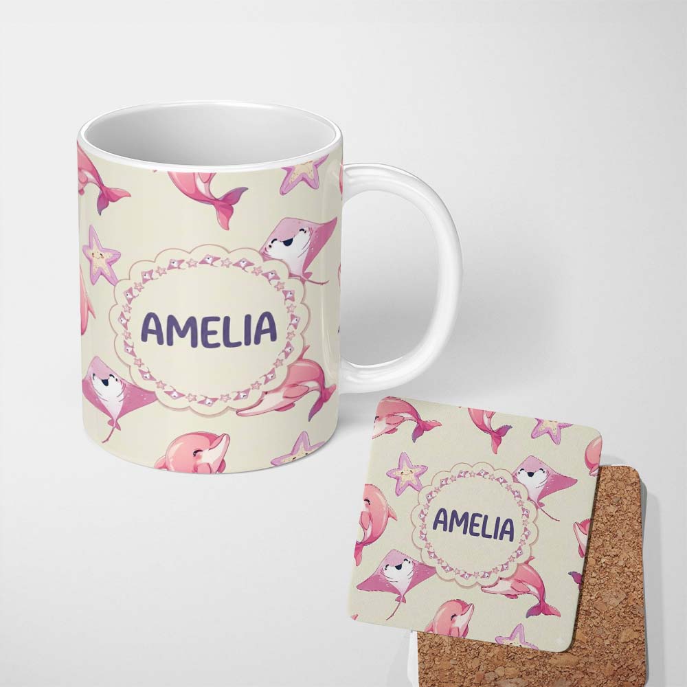 Personalized Custom Name Cute Pink Dolphins and Starfish Seamless Ocean Pattern Soft Beige 11oz Ceramic Coffee Tea Mug White Large Handle