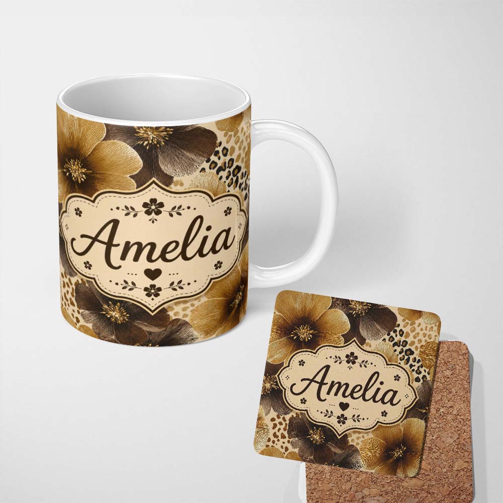 Personalized Custom Name Warm Gold and Brown Floral with Abstract Leopard Spots Textile 11oz Ceramic Coffee Tea Mug White Large Handle