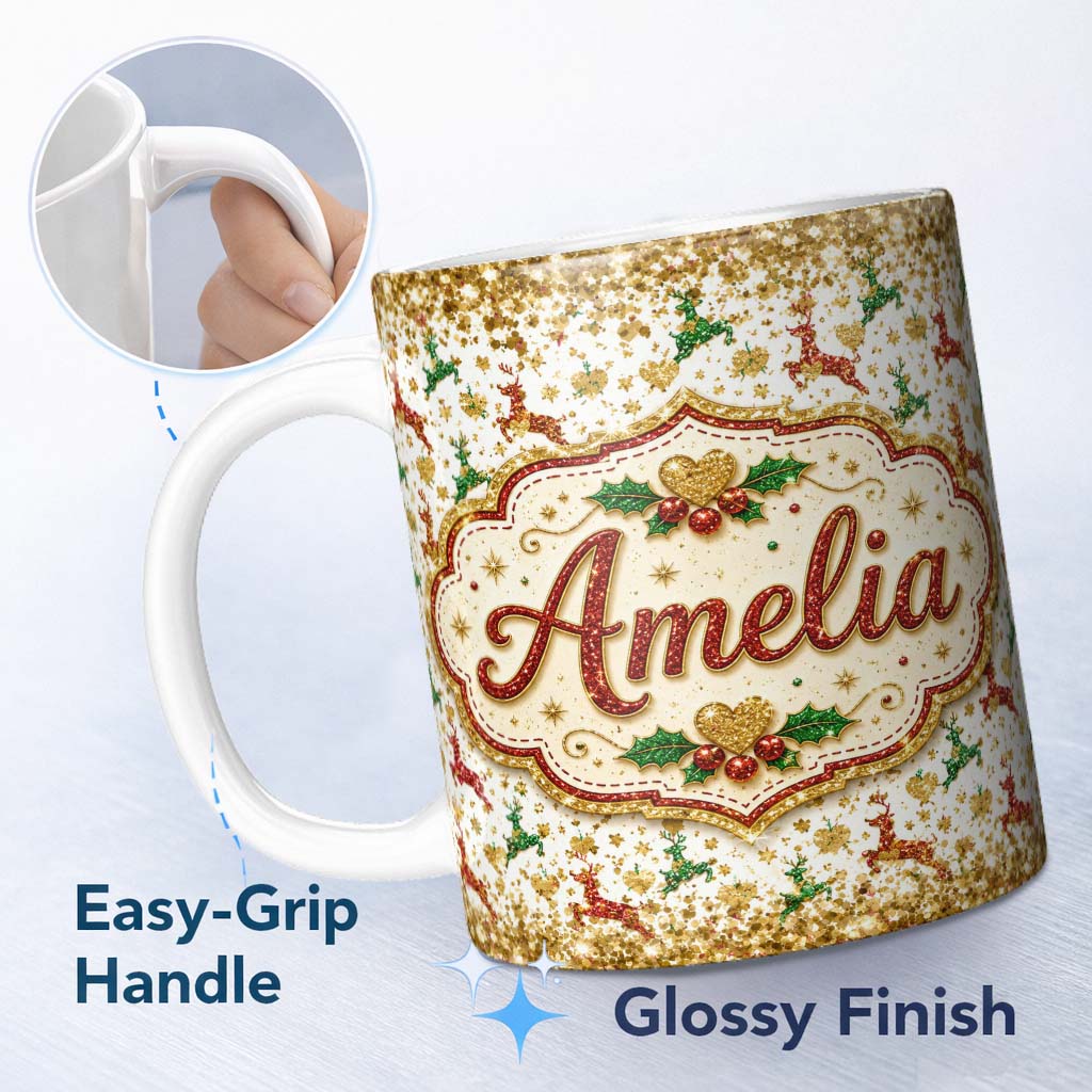 Personalized Custom Name Festive Reindeer Heart Gold Glitter Christmas Seamless Pattern 11oz Ceramic Coffee Tea Mug White Large Handle