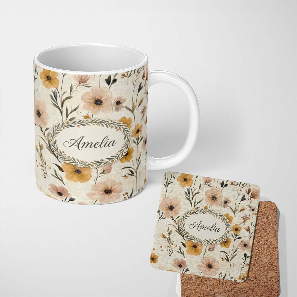 Personalized Custom Name Neutral Linen Style Floral Botanical Seamless Pattern Lovely 11oz Ceramic Coffee Tea Mug White Large Handle