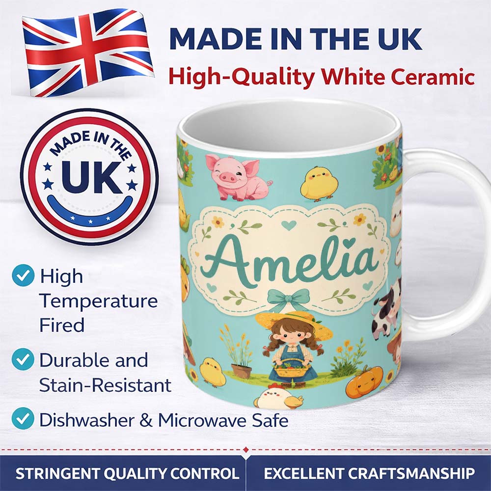 Personalized Custom Name Cute Farm Girl Animals Harvest Seamless Pattern Mint Background 11oz Ceramic Coffee Tea Mug White Large Handle