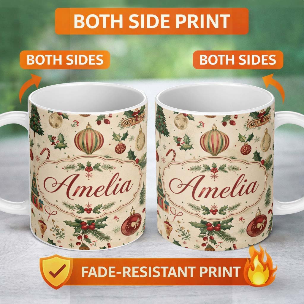 Personalized Custom Name Vintage Christmas Baubles Holly Leaves and Winter Elements Classic 11oz Ceramic Coffee Tea Mug White Large Handle