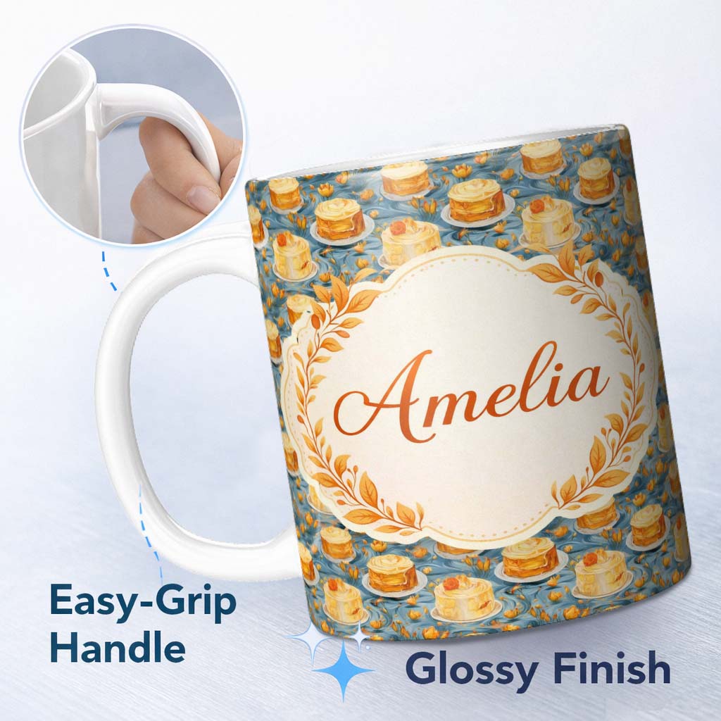 Personalized Custom Name Yellow Artistic Cake Seamless Pattern Painted Dessert Food Lovely 11oz Ceramic Coffee Tea Mug White Large Handle