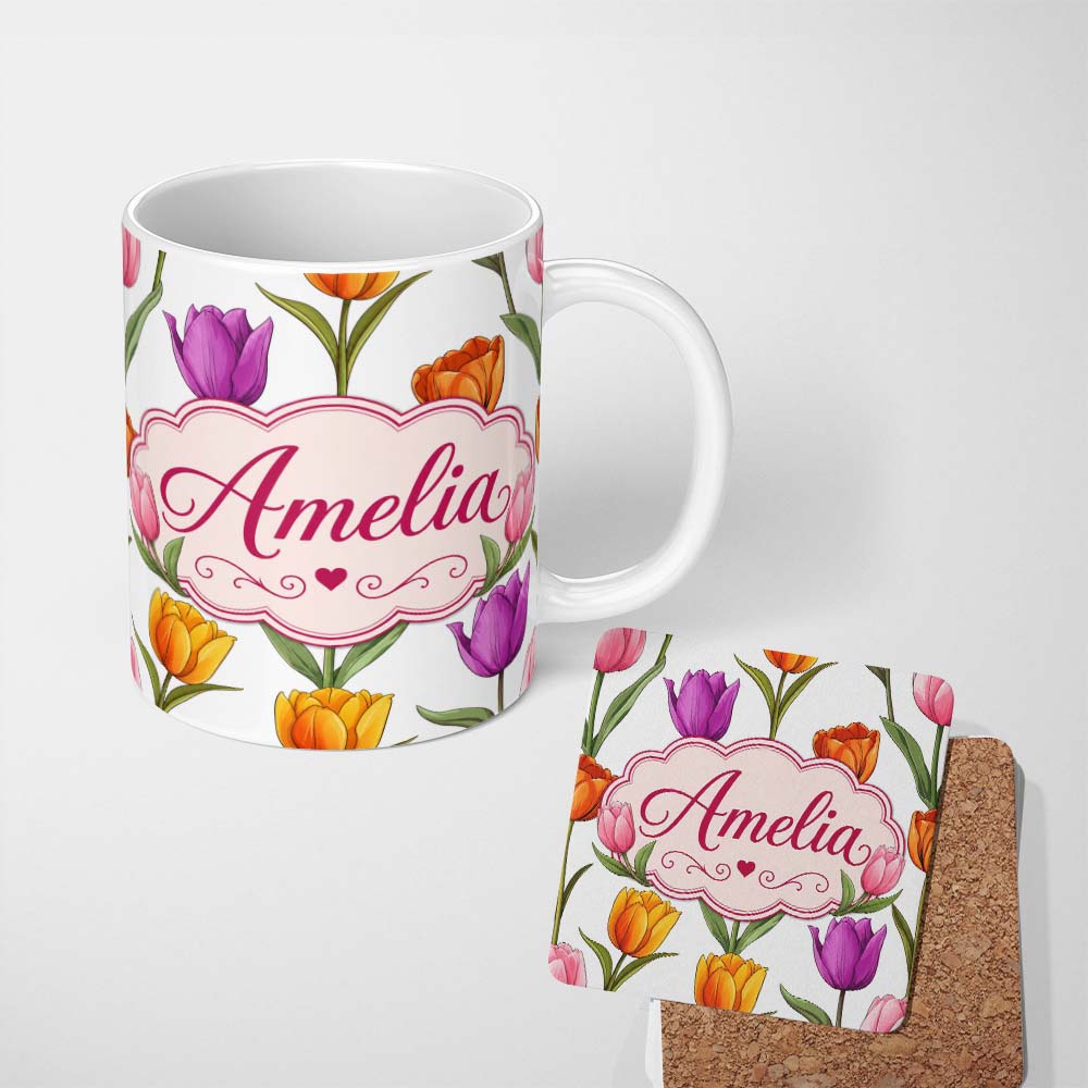 Personalized Custom Name Elegant Tulip Floral Seamless Pattern Light Grey Background Spring 11oz Ceramic Coffee Tea Mug White Large Handle