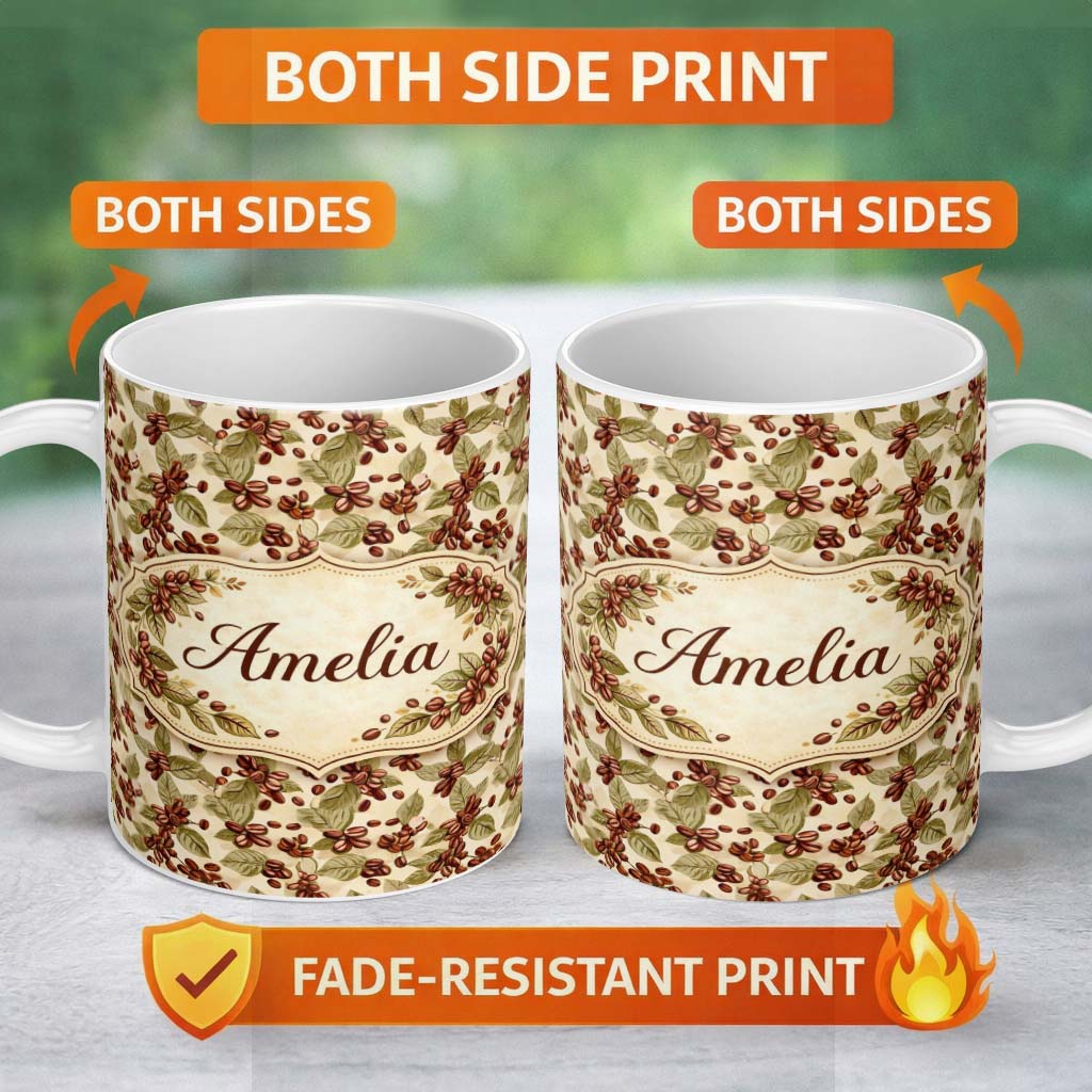 Personalized Custom Name Coffee Beans and Olive Leaves Minimal Seamless Pattern Lovely 11oz Ceramic Coffee Tea Mug White Large Handle