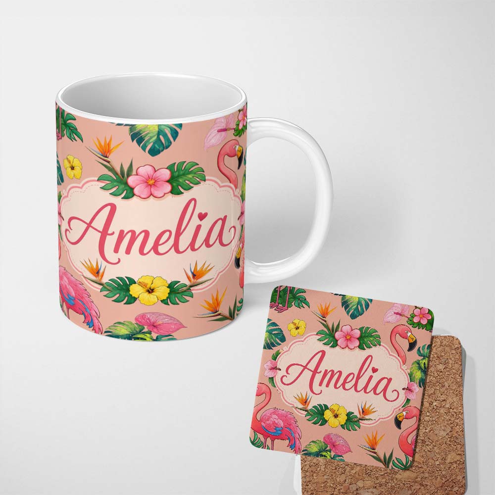 Personalized Custom Name Tropical Flamingo Bird with Exotic Flowers Leaves Pattern Peach 11oz Ceramic Coffee Tea Mug White Large Handle