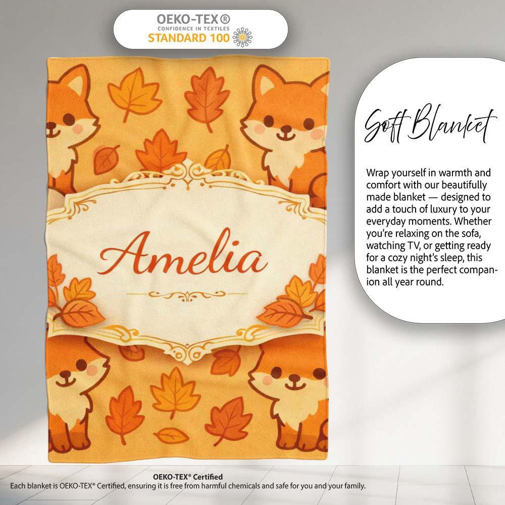 Cute Autumn Fox Cartoon Animal Pattern Stylish Everyday Lovely Personalised Custom Name Super Soft Fleece Blanket Bed Sofa Throw