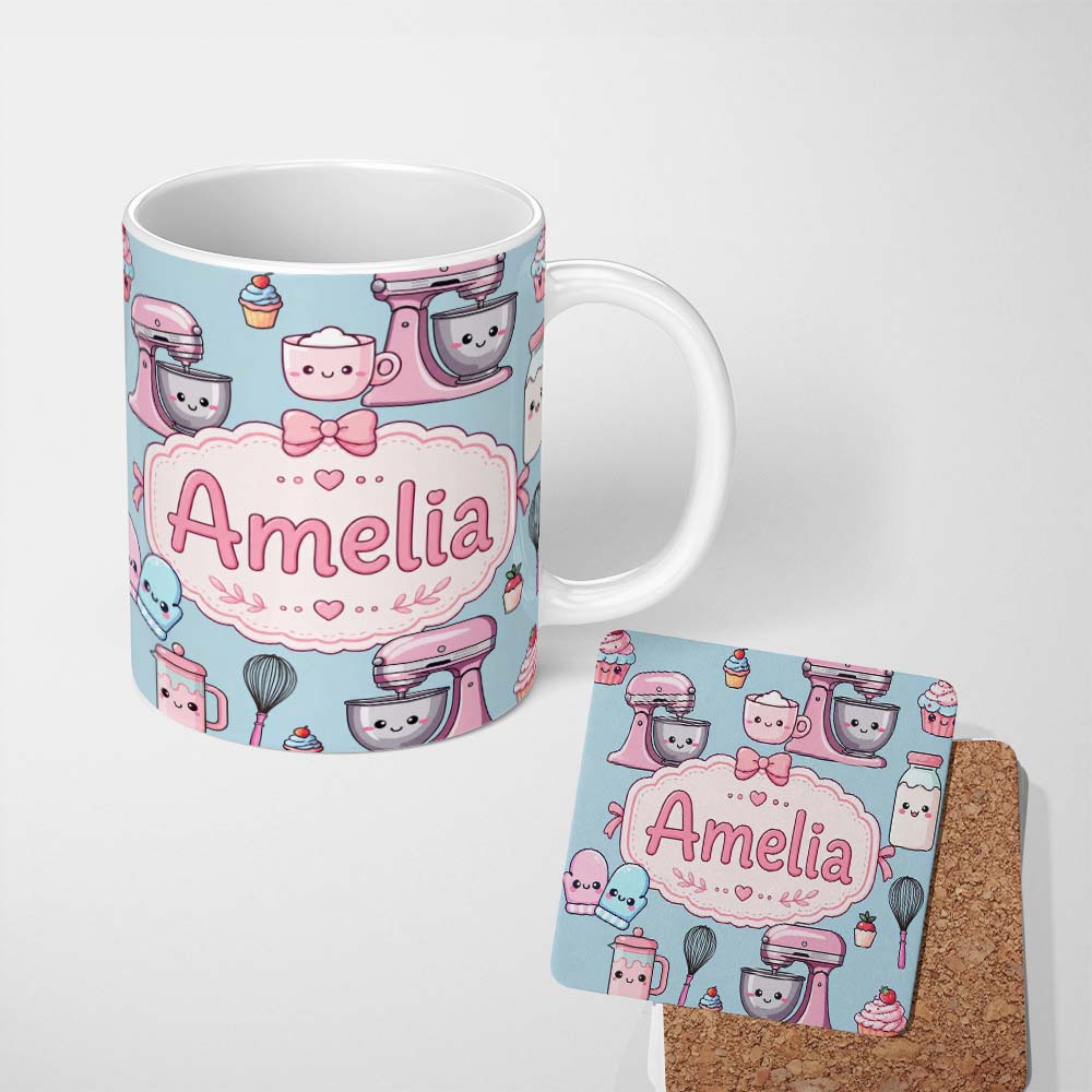 Personalized Custom Name Kawaii Baking Tools Mixer Cake and Cupcake on Blue Seamless Pattern 11oz Ceramic Coffee Tea Mug White Large Handle