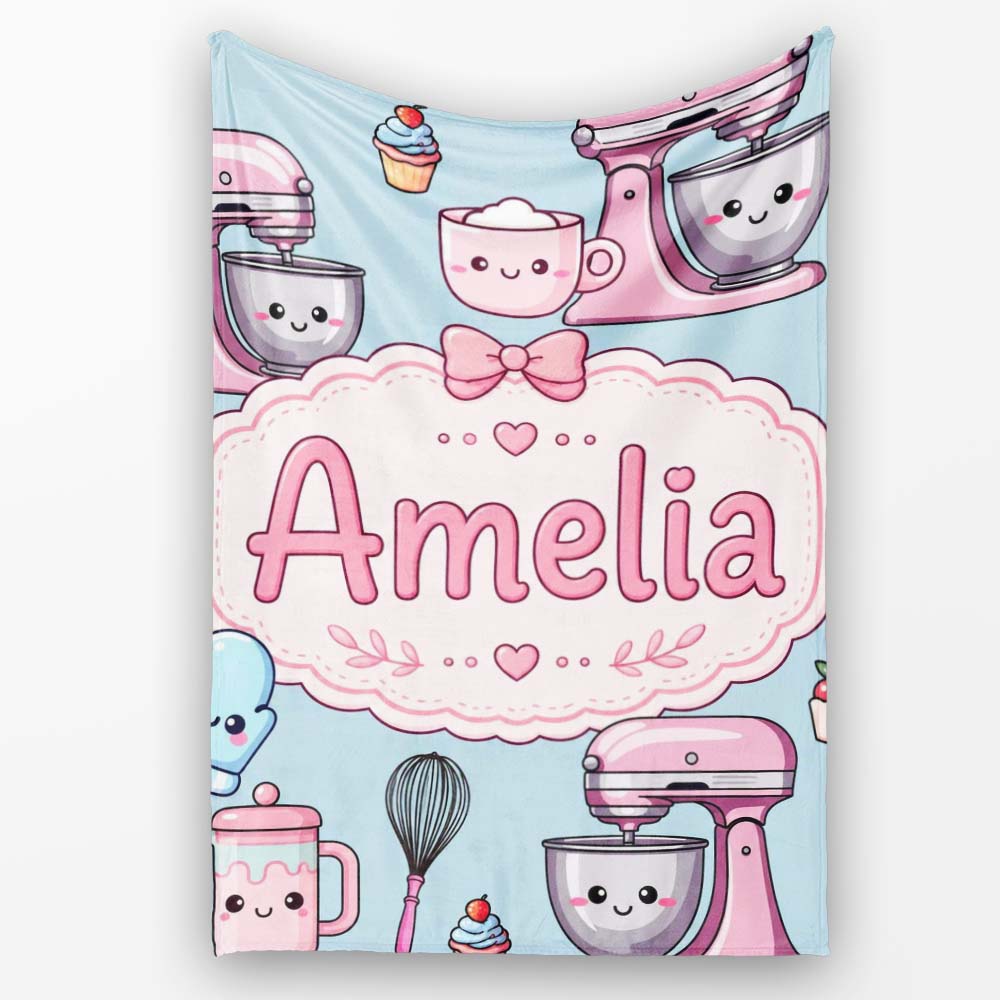 Kawaii Baking Tools Mixer Cake and Cupcake on Blue Seamless Pattern Personalised Custom Name Super Soft Fleece Blanket Bed Sofa Throw