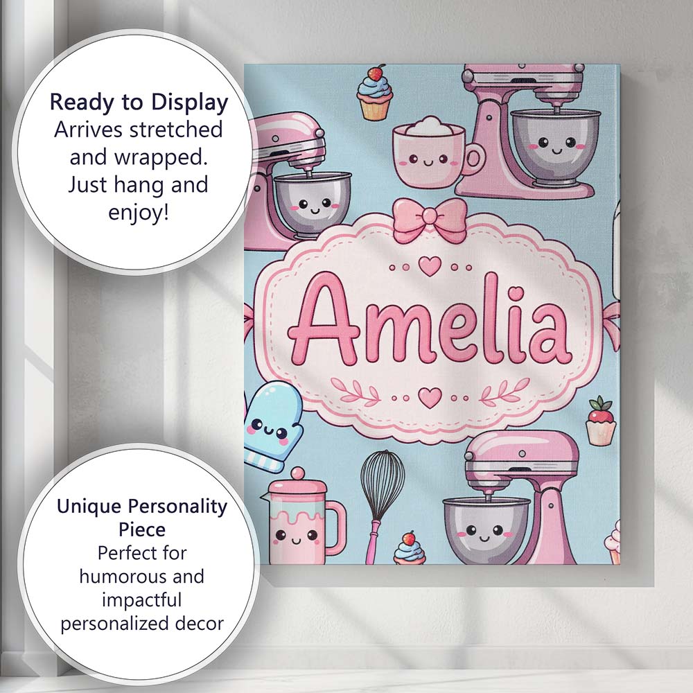 Personalised Name Kawaii Baking Tools Mixer Custom Bespoke Interior Contemporary Canvas Wall Art Print Decor Picture Ready to Hang
