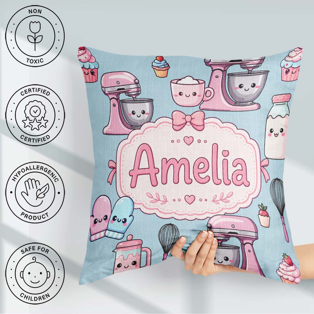 Custom Name Kawaii Tools Mixer Cake and Cupcake on Blue Seamless Square Filled Cushion Throw Pillow Sofa Bed Home Decor Zip Washable UK Made