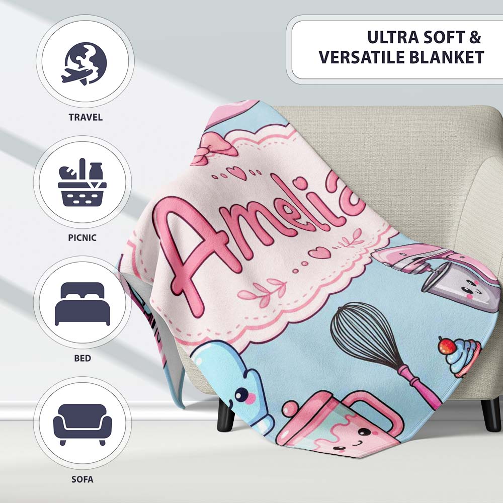 Kawaii Baking Tools Mixer Cake and Cupcake on Blue Seamless Pattern Personalised Custom Name Super Soft Fleece Blanket Bed Sofa Throw