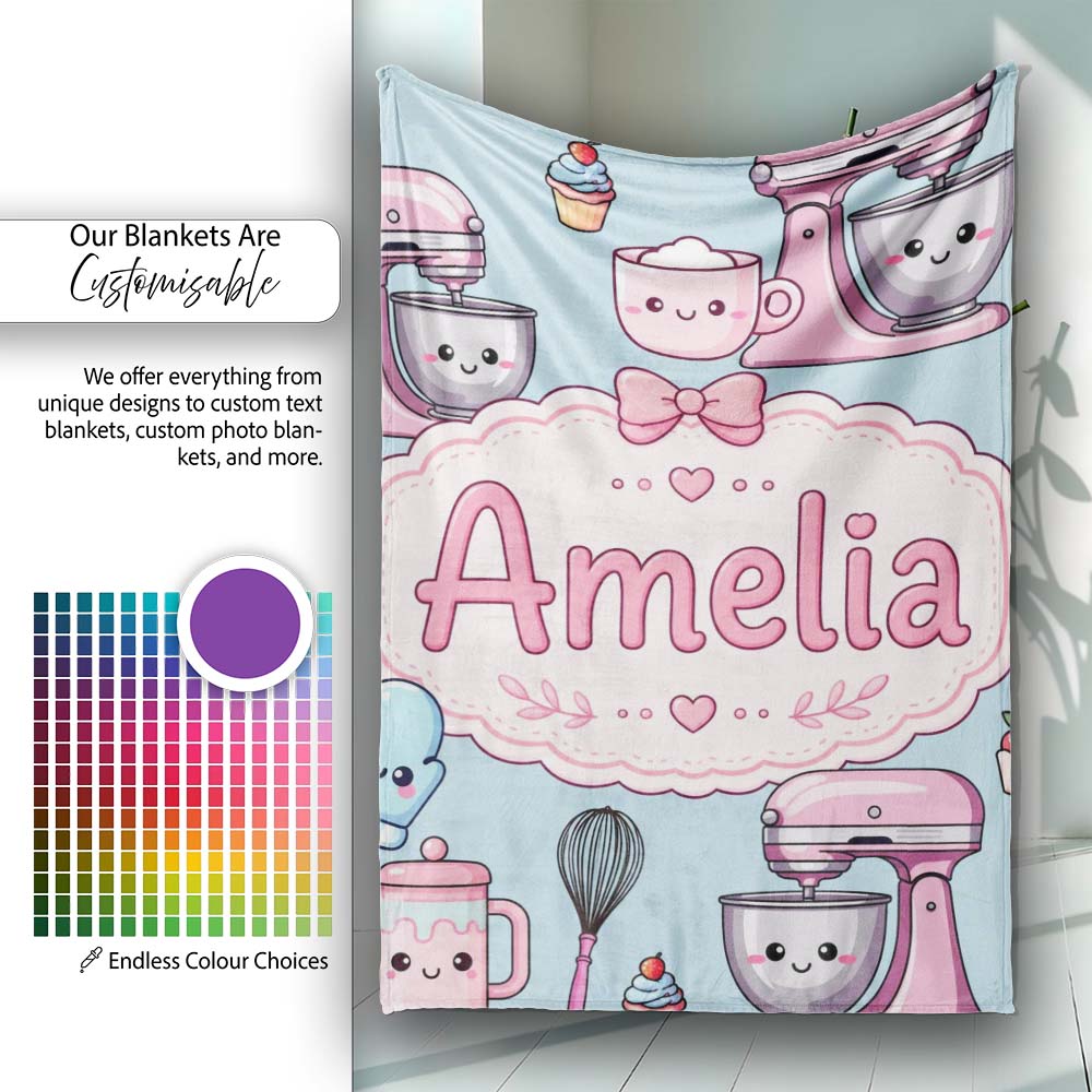 Kawaii Baking Tools Mixer Cake and Cupcake on Blue Seamless Pattern Personalised Custom Name Super Soft Fleece Blanket Bed Sofa Throw