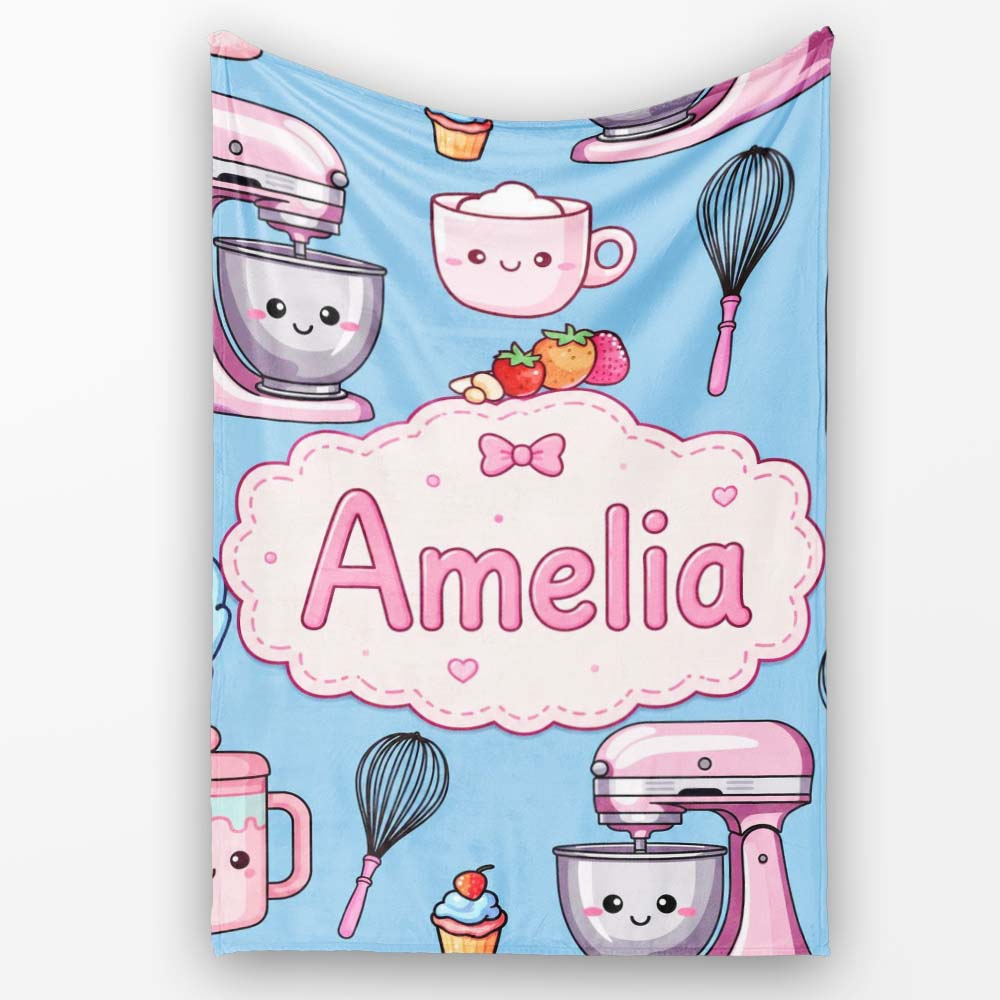 Kawaii Baking Mixer Cake and Cupcake Tools on Blue Seamless Pattern Personalised Custom Name Super Soft Fleece Blanket Bed Sofa Throw