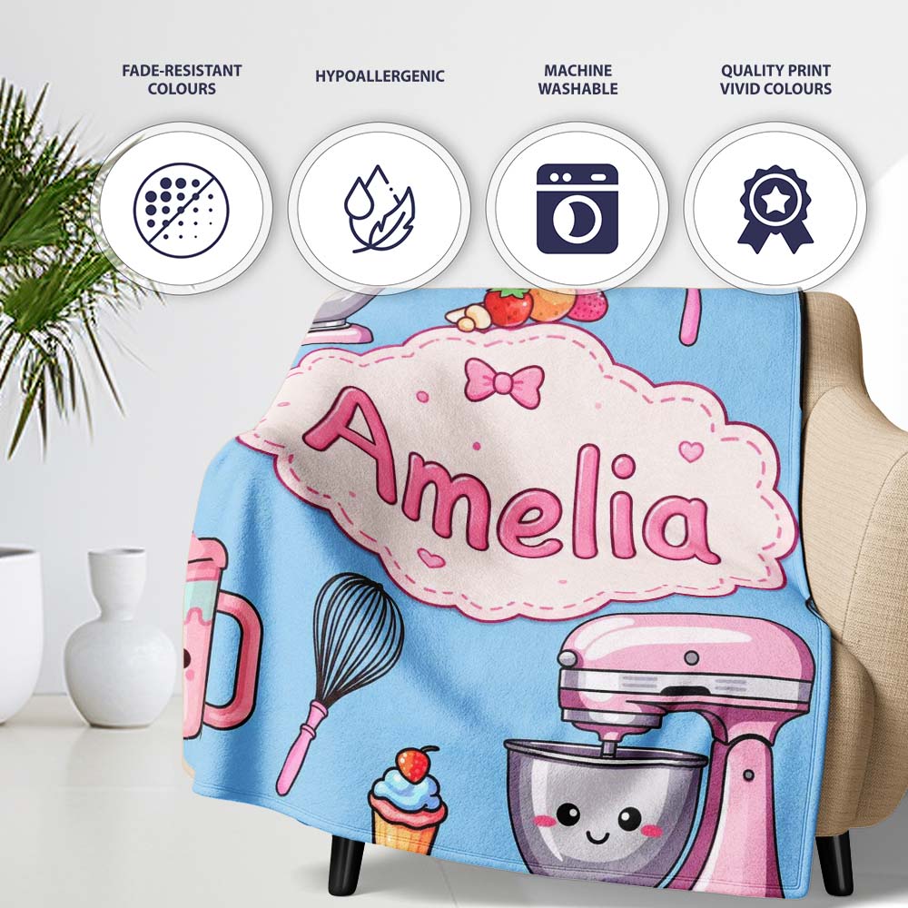 Kawaii Baking Mixer Cake and Cupcake Tools on Blue Seamless Pattern Personalised Custom Name Super Soft Fleece Blanket Bed Sofa Throw