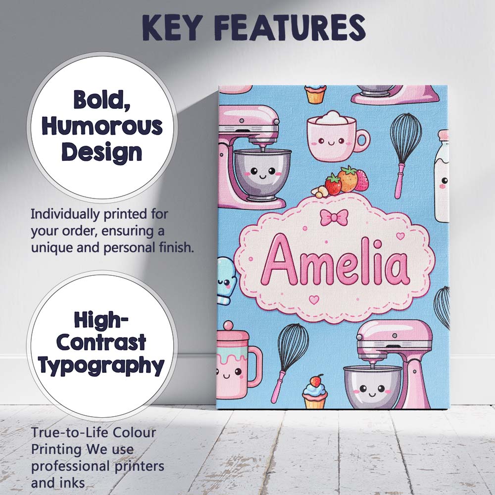 Personalised Name Kawaii Baking Mixer Cake Custom Unique Gift Idea Elegant Feature Canvas Wall Art Print Decor Picture Ready to Hang