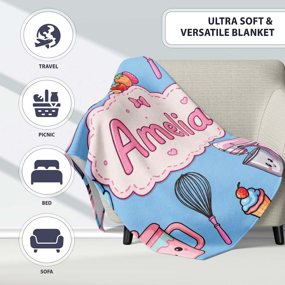 Kawaii Baking Mixer Cake and Cupcake Tools on Blue Seamless Pattern Personalised Custom Name Super Soft Fleece Blanket Bed Sofa Throw