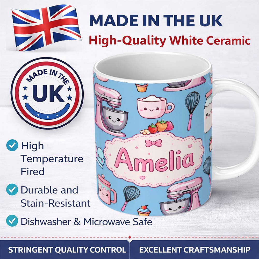 Personalized Custom Name Kawaii Baking Mixer Cake and Cupcake Tools on Blue Seamless Pattern 11oz Ceramic Coffee Tea Mug White Large Handle