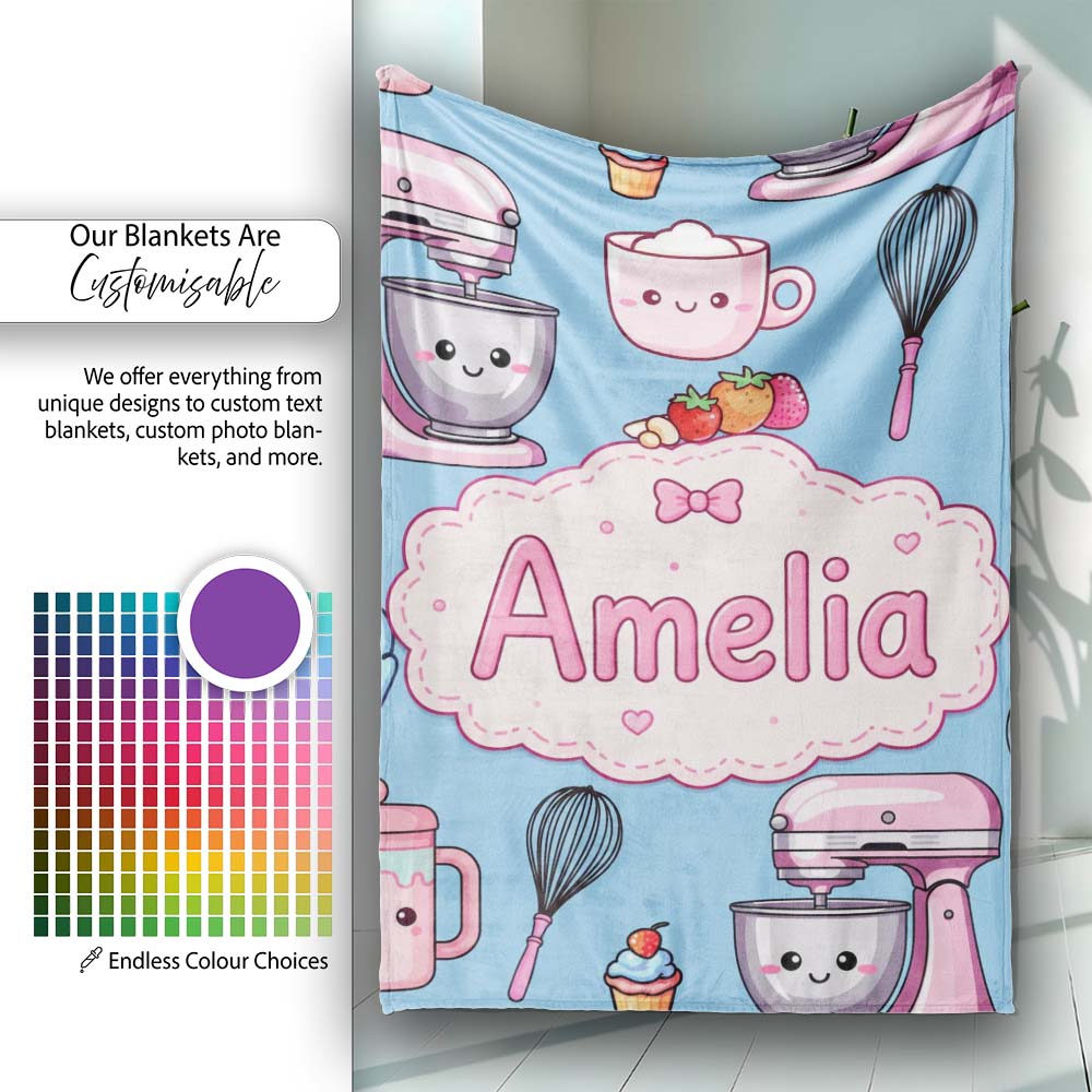 Kawaii Baking Mixer Cake and Cupcake Tools on Blue Seamless Pattern Personalised Custom Name Super Soft Fleece Blanket Bed Sofa Throw
