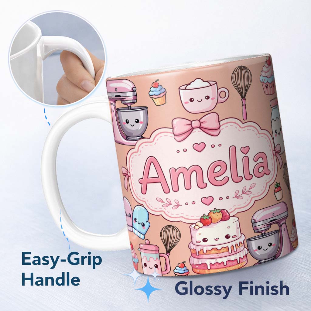 Personalized Custom Name Kawaii Baking Mixer Cake and Cupcake Tools on Peach Seamless 11oz Ceramic Coffee Tea Mug White Large Handle