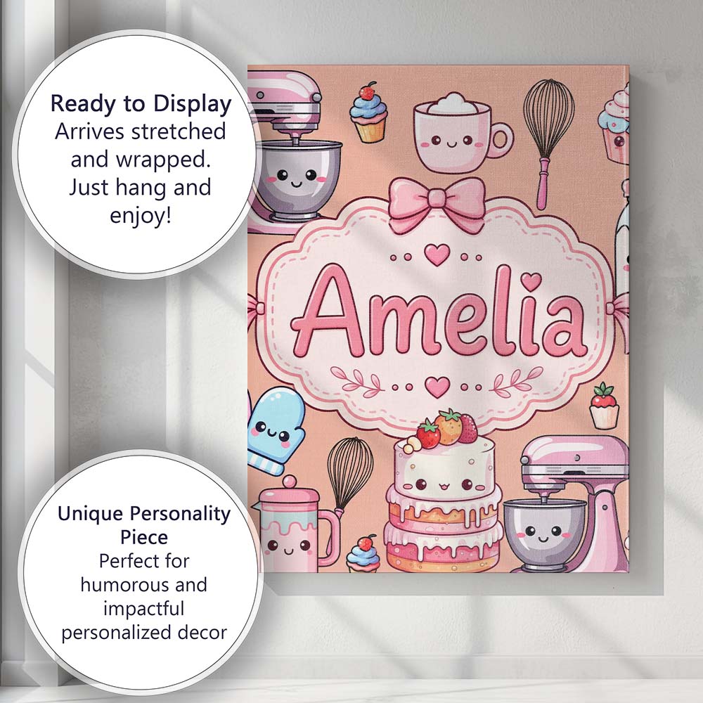 Personalised Name Kawaii Baking Mixer Cake Custom Unique Gift Idea Elegant Feature Canvas Wall Art Print Decor Picture Ready to Hang