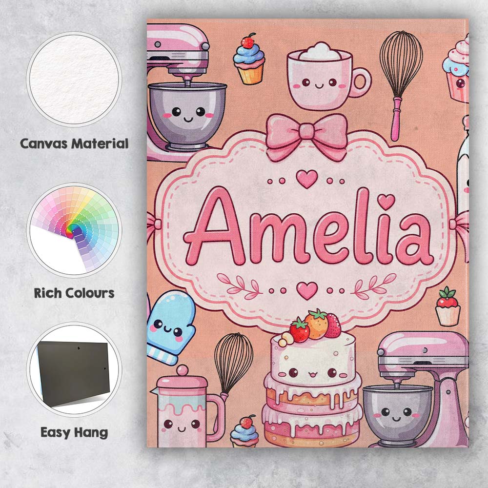 Personalised Name Kawaii Baking Mixer Cake Custom Unique Gift Idea Elegant Feature Canvas Wall Art Print Decor Picture Ready to Hang