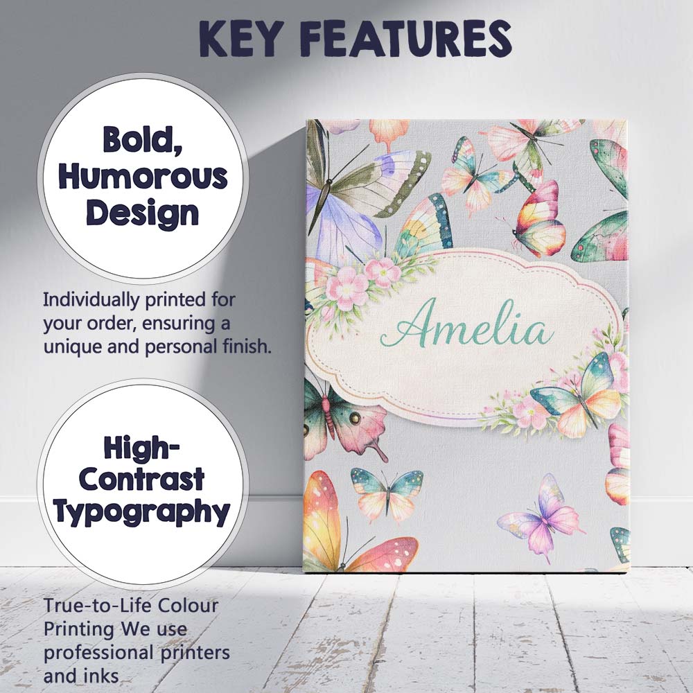 Personalised Name Pastel Watercolor Butterflies Soft Grey Background Custom Home Canvas Wall Art Print Decor Picture Ready to Hang