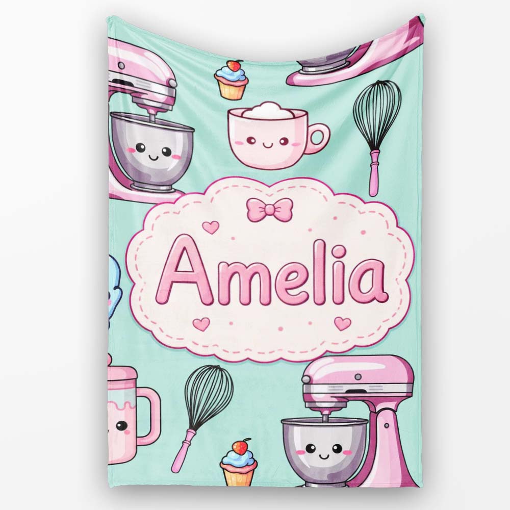 Kawaii Baking Mixer Cake and Cupcake Tools on Mint Seamless Pattern Personalised Custom Name Super Soft Fleece Blanket Bed Sofa Throw