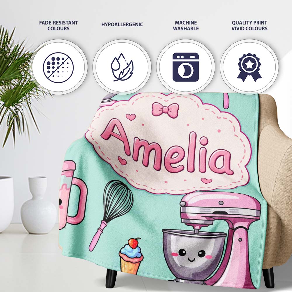 Kawaii Baking Mixer Cake and Cupcake Tools on Mint Seamless Pattern Personalised Custom Name Super Soft Fleece Blanket Bed Sofa Throw