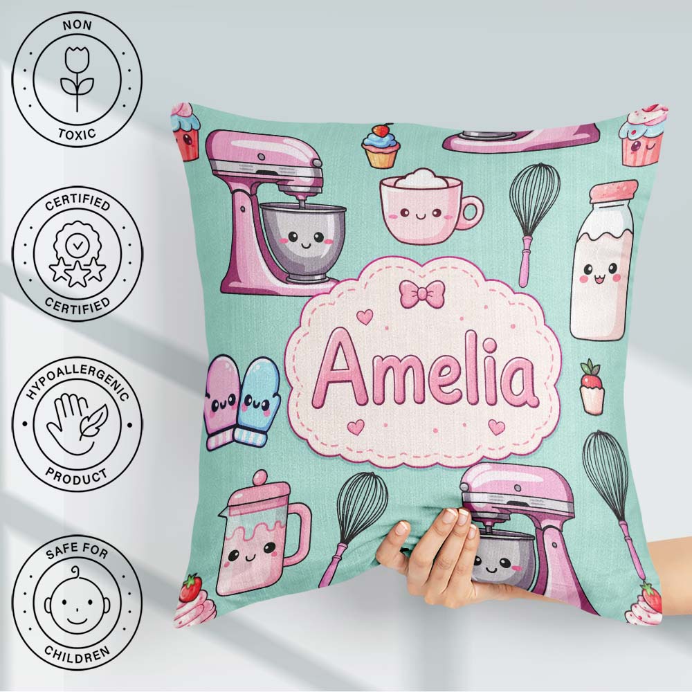 Custom Name Kawaii Mixer Cake and Cupcake Tools on Mint Seamless Square Filled Cushion Throw Pillow Sofa Bed Home Decor Zip Washable UK Made