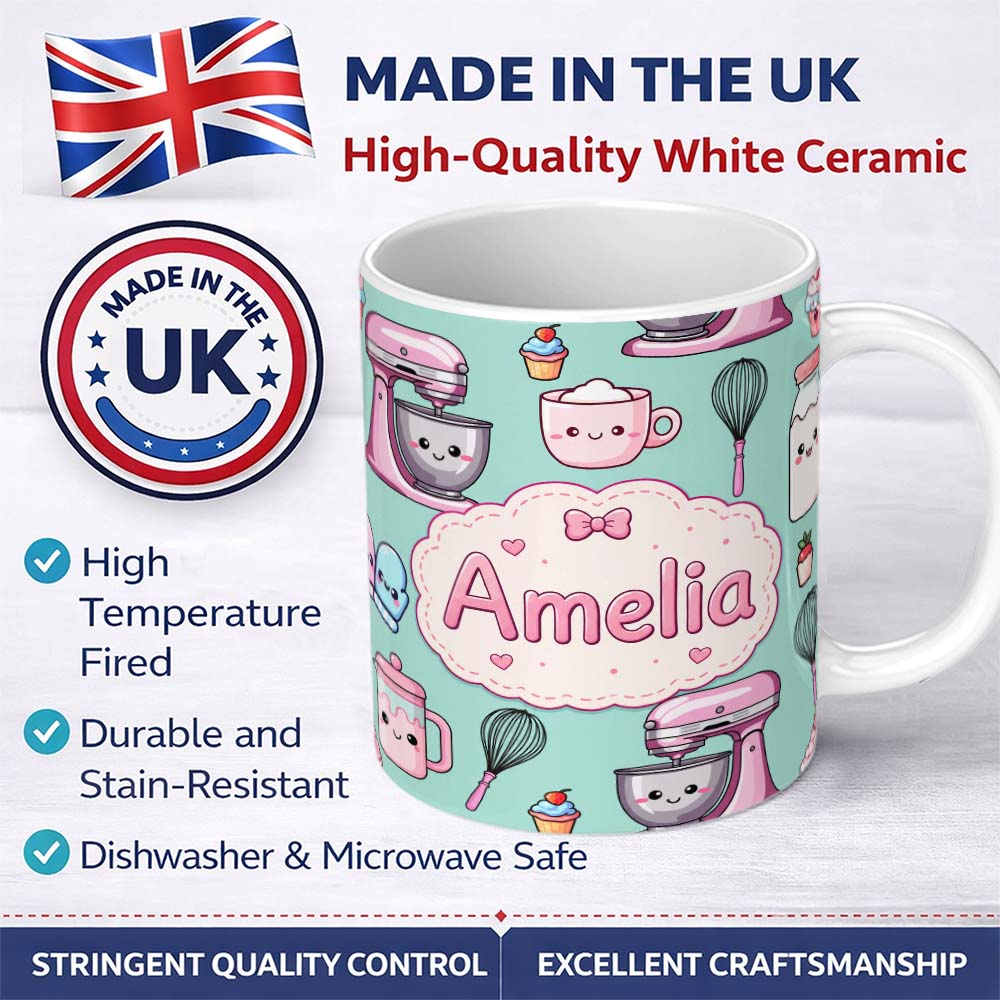 Personalized Custom Name Kawaii Baking Mixer Cake and Cupcake Tools on Mint Seamless Pattern 11oz Ceramic Coffee Tea Mug White Large Handle