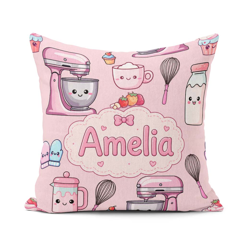 Custom Name Kawaii Baking Mixer Cake and Cupcake Tools Soft Pink Square Filled Cushion Throw Pillow Sofa Bed Home Decor Zip Washable UK Made