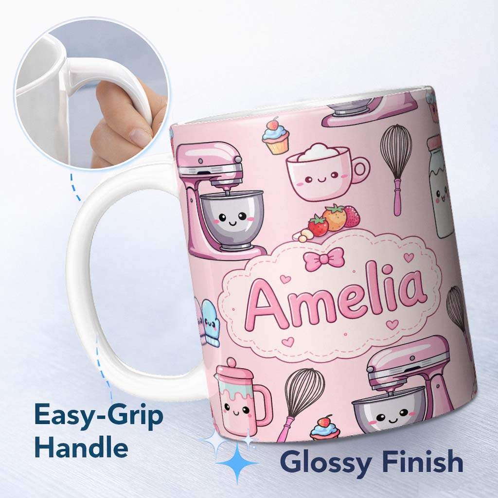 Personalized Custom Name Kawaii Baking Mixer Cake and Cupcake Tools on Soft Pink Seamless 11oz Ceramic Coffee Tea Mug White Large Handle