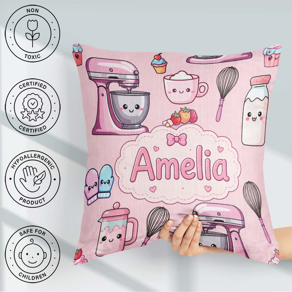 Custom Name Kawaii Baking Mixer Cake and Cupcake Tools Soft Pink Square Filled Cushion Throw Pillow Sofa Bed Home Decor Zip Washable UK Made
