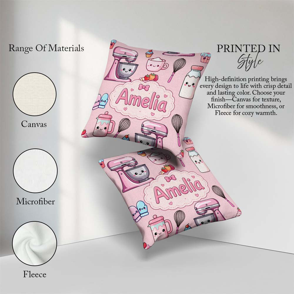 Custom Name Kawaii Baking Mixer Cake and Cupcake Tools Soft Pink Square Filled Cushion Throw Pillow Sofa Bed Home Decor Zip Washable UK Made