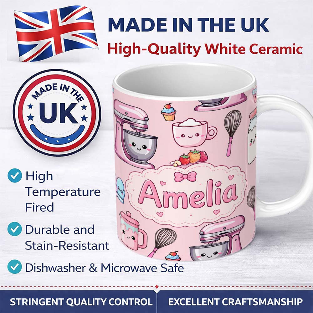 Personalized Custom Name Kawaii Baking Mixer Cake and Cupcake Tools on Soft Pink Seamless 11oz Ceramic Coffee Tea Mug White Large Handle